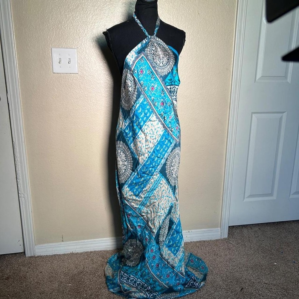 GUESS by Marciano Y2K Blue Paisley Halter Maxi Dress Large Vintage Boho 2000s